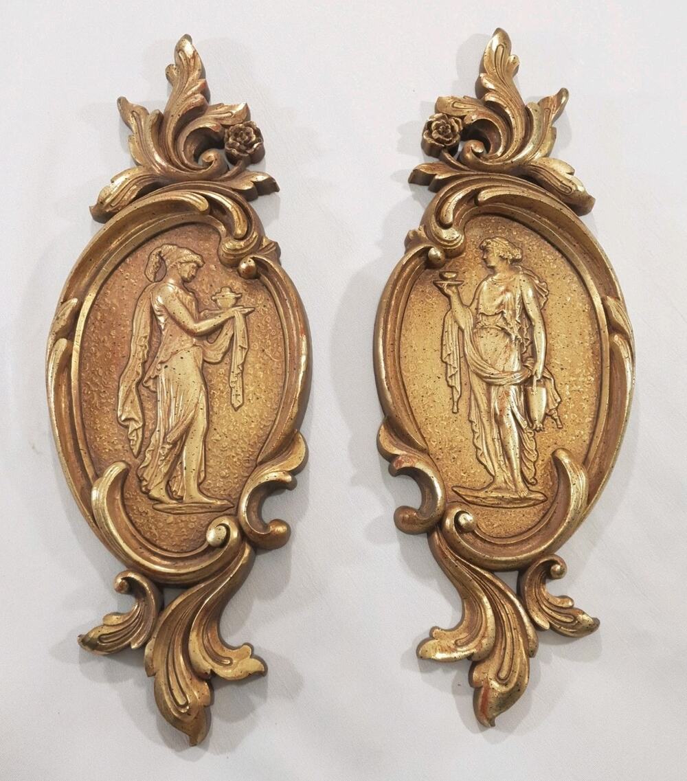 Syroco Pair Gold Oval Relief Women Wall Mounted Plaques, 1970s Plastic